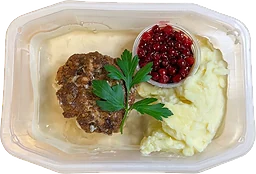 Oxfärsbiff med mos,gräddsås och rårörda lingon