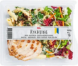 Pastasallad kyckling med caesardressing, grönkål & sotad purjolök