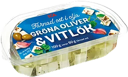 Tärnad ost i olja Gröna oliver & vitlök