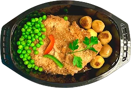 Panerad Fläskschnitzel Med Stekt Potatis Ärtor & Rödvinssås ca