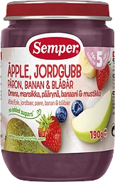 Puré Jordgubb, äpple, päron, banan & blåbär 5 Mån