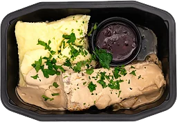 Köttfärslimpa med mos, gräddsås & lingon