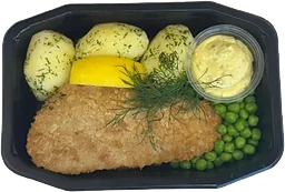 Panerad fisk med potatis och remouladsås
